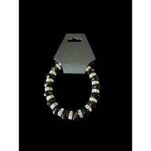 Black gems, faux diamonds and silver beaded stretchy bracelet